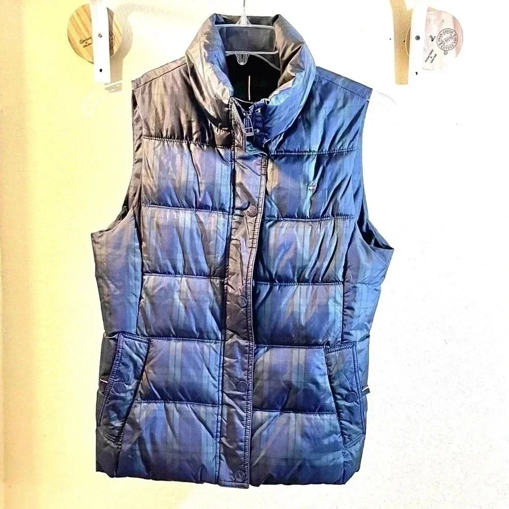 Tommy Hilfiger Women Puffer Vest Polyester Blackwatch Plaid Sz S